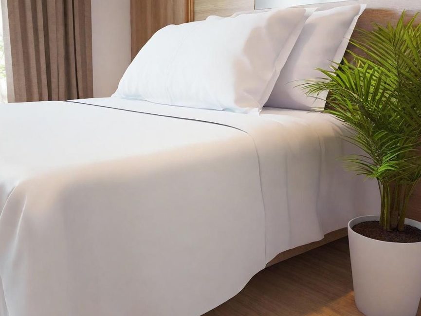 Mietwäsche für die Hotellerie & Gastronomie Ein Bett mit weißer Bettwäsche und einer Pflanze in einem Topf daneben.